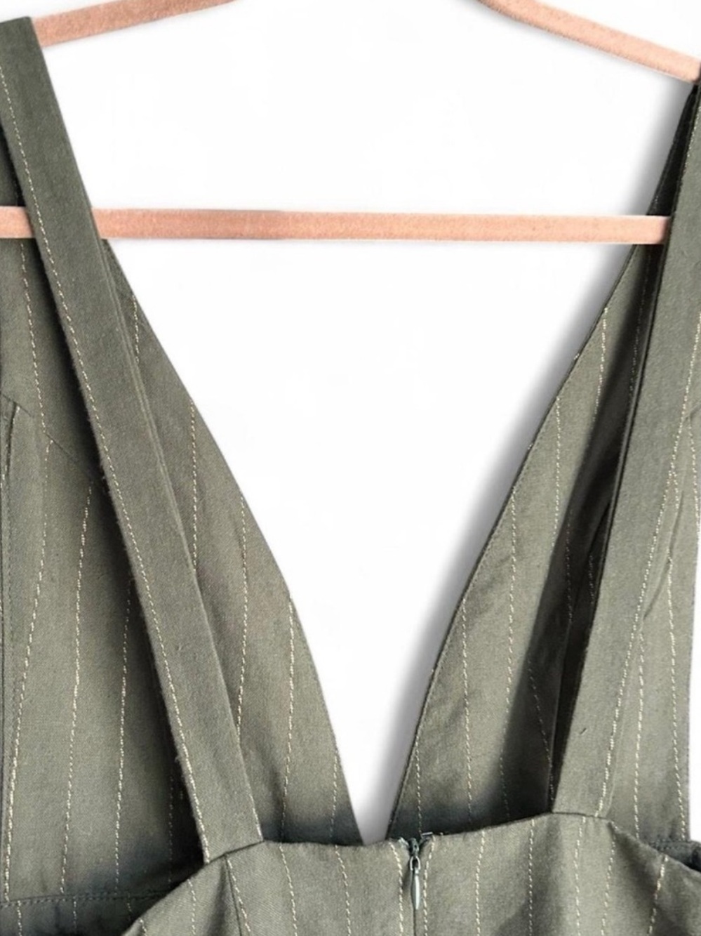 Hayden Jumper Pinafore Olive Green Pinstripe Overall Dress Buttons 100% Cotton - Picture 14 of 14